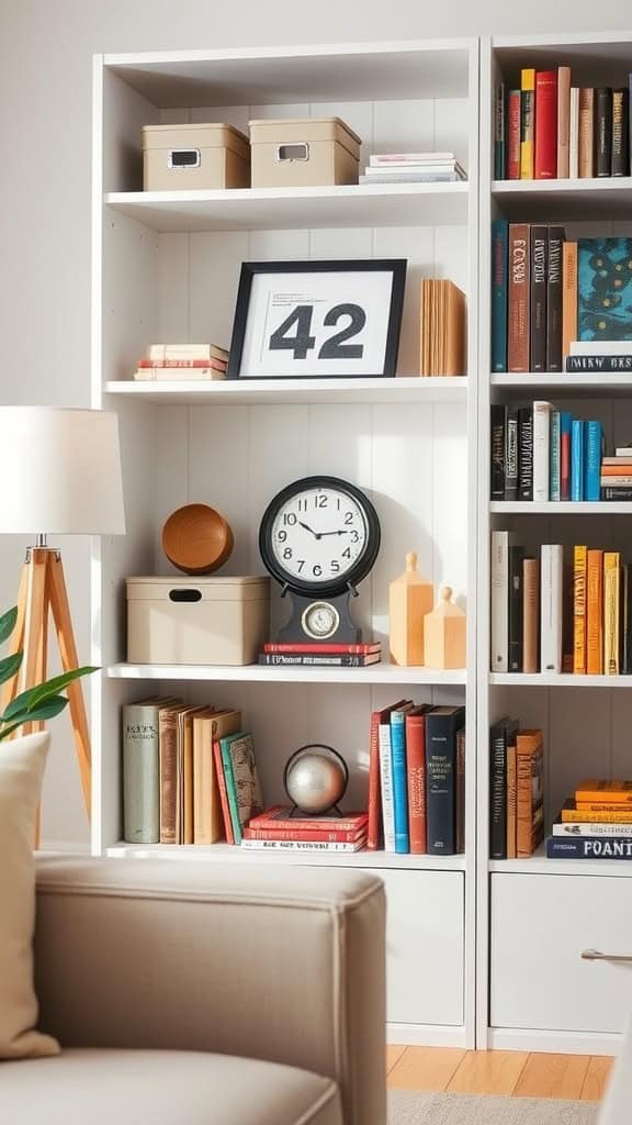 A neatly styled functional bookshelf with books, decorative items, and storage boxes.