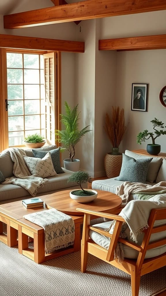 A cozy Japandi living room with a wooden sofa, soft cushions, and indoor plants.