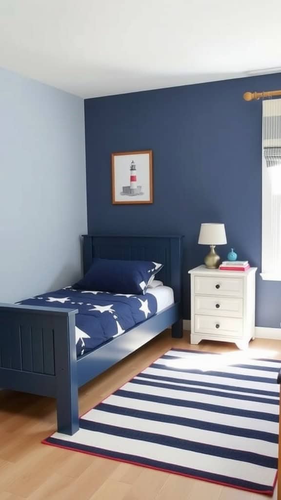 A cozy coastal-themed bedroom with blue walls, star-patterned bedding, and a striped rug.