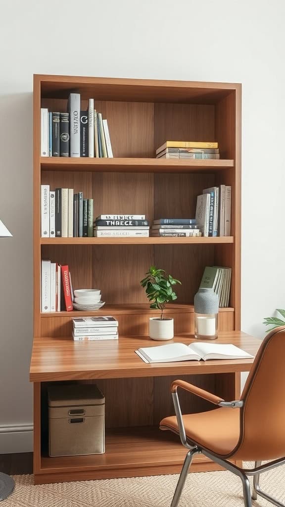 A minimalist bookshelf with neatly arranged books and a small plant.