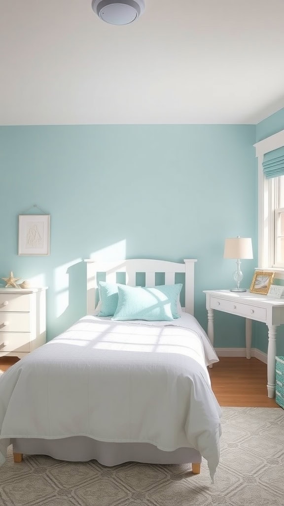 Cozy coastal teen bedroom with light blue walls and white bedding.