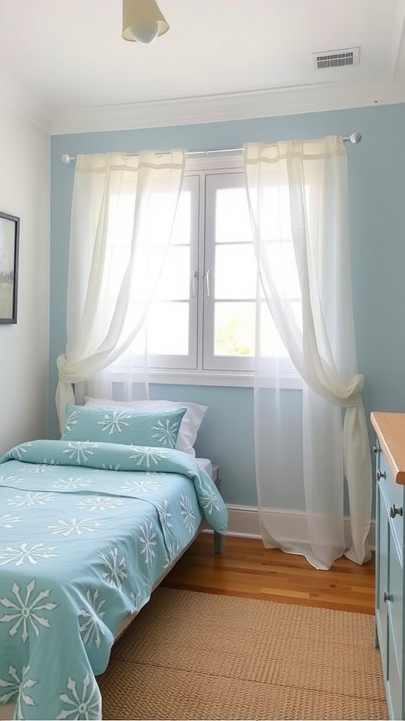 A cozy coastal teen bedroom featuring light blue walls, white curtains, and a neatly made bed.