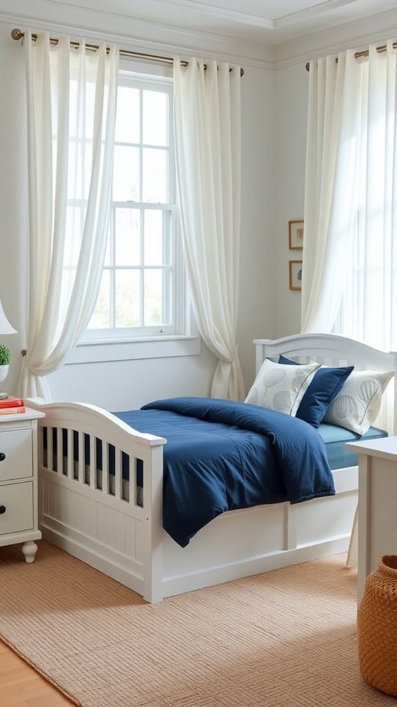 Coastal bedroom with a white bed, blue bedding, and natural light