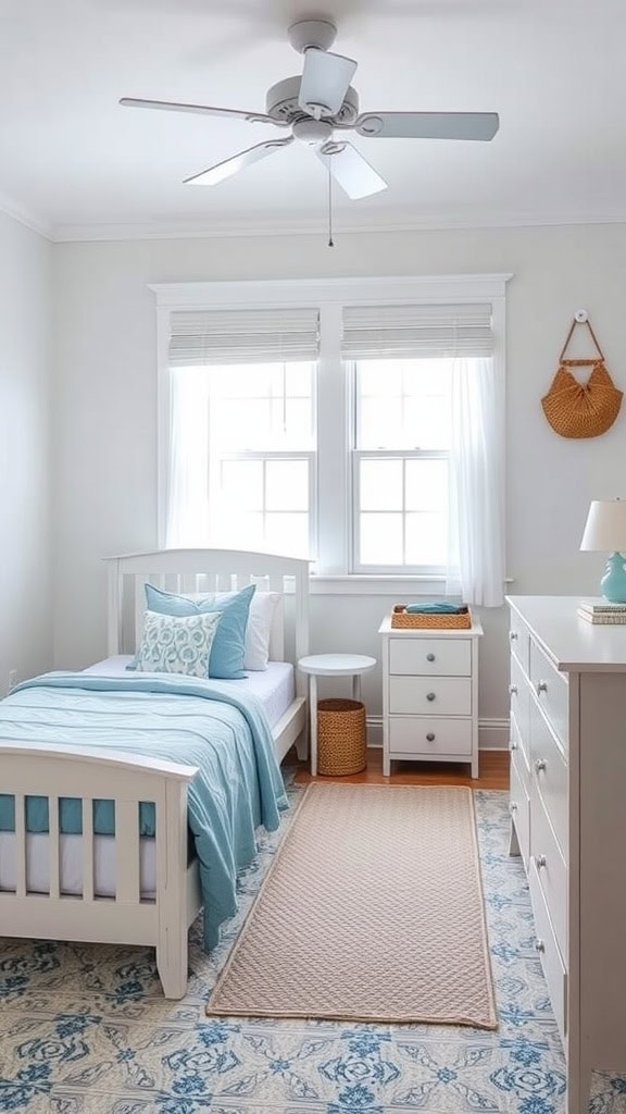 A cozy coastal teen bedroom featuring light blue bedding, white furniture, and natural textures.
