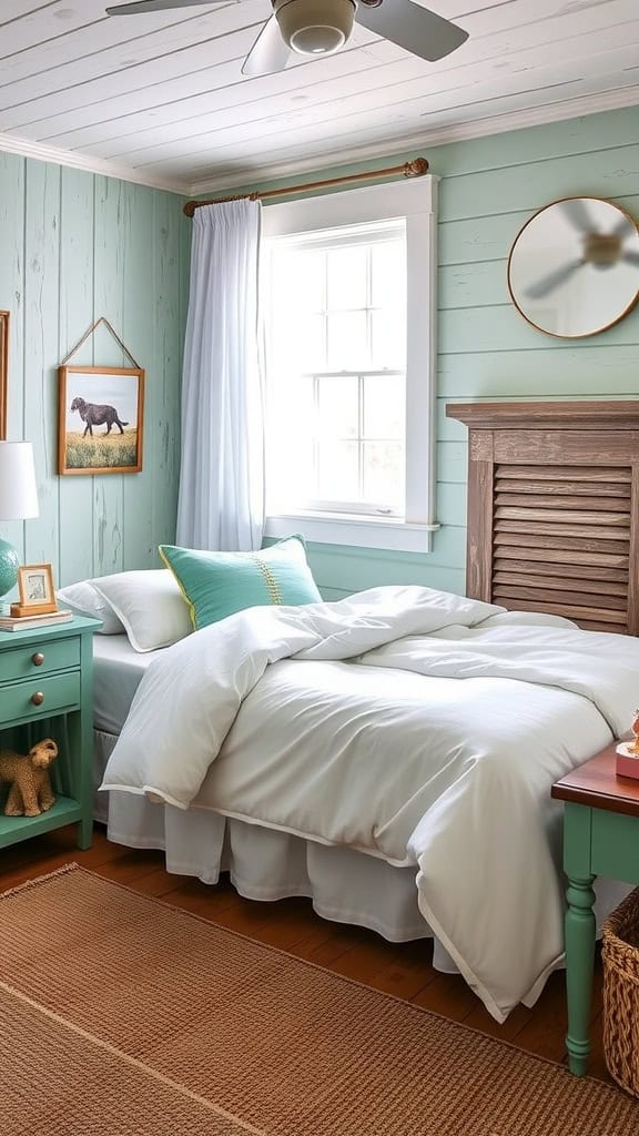 A cozy coastal teen bedroom with white bedding, wooden accents, and beach-inspired decor.
