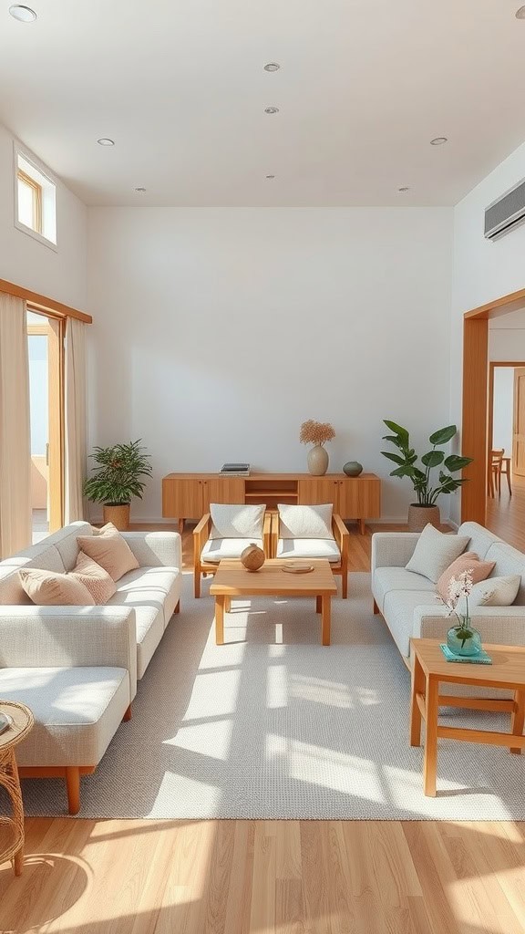 A Japandi style living room featuring light wood furniture, soft textiles, and plants.