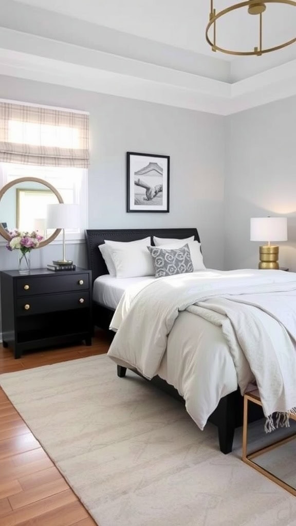 A modern bedroom featuring pastel light gray walls, black furniture, and cozy bedding.