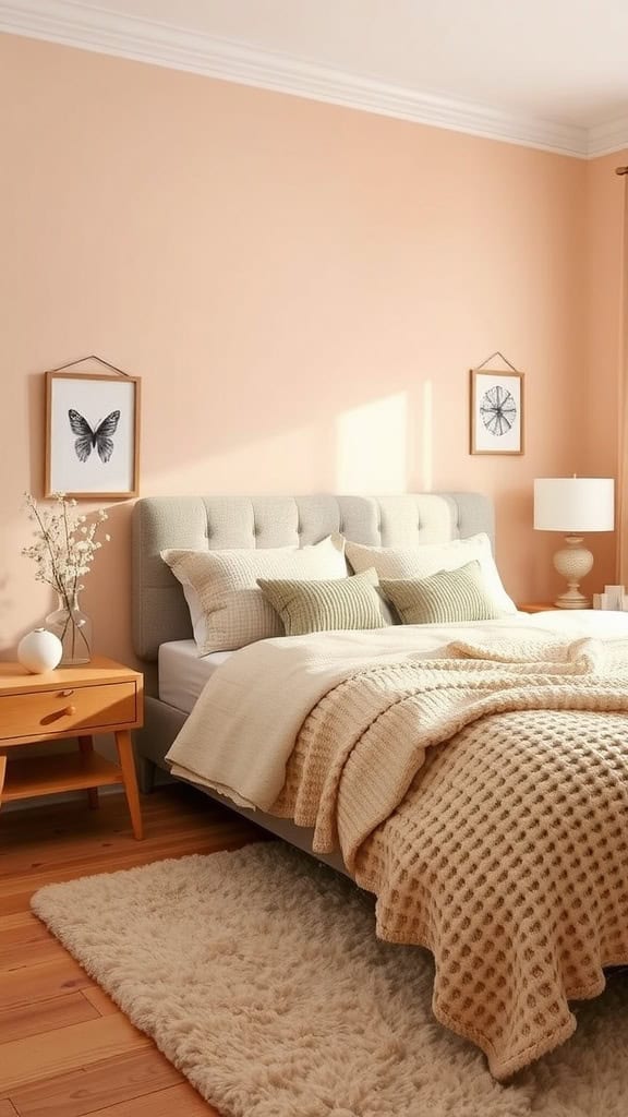 Cozy bedroom with pastel peach walls, soft bedding, and warm wooden accents.