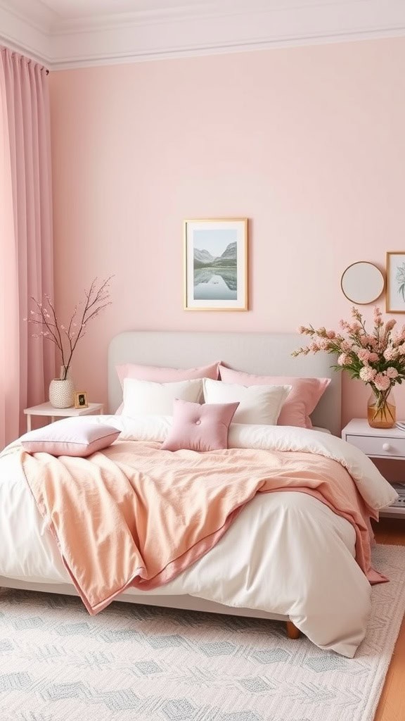 A feminine bedroom with pastel soft pink walls, cozy bedding, and decorative elements.