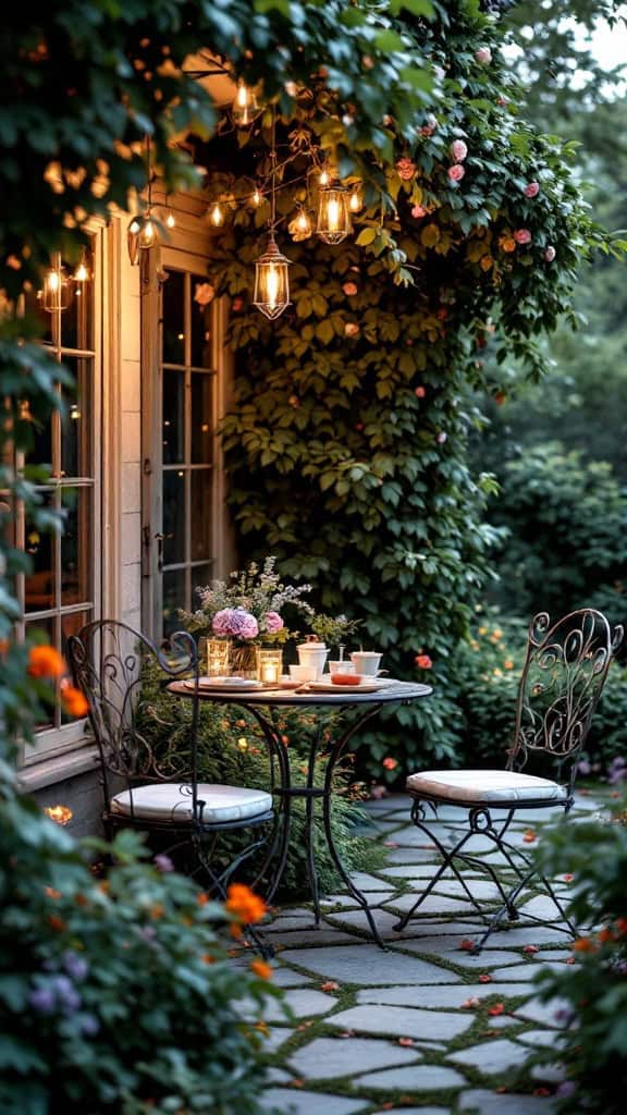 A romantic garden patio with soft lighting, flowers, and a cozy table setting.