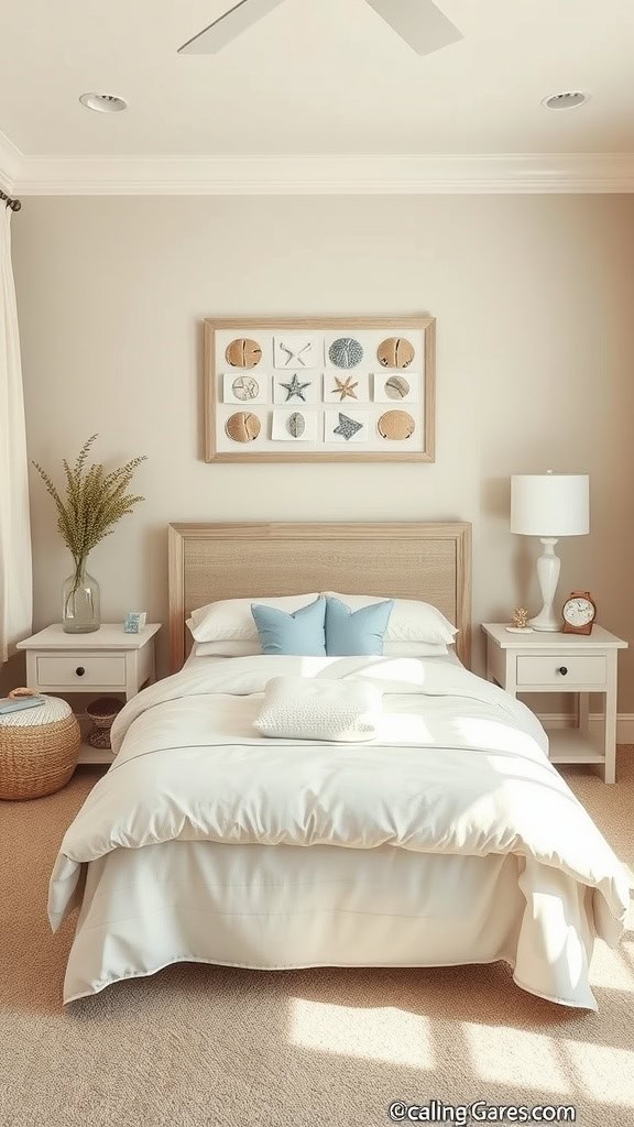 A cozy coastal-themed bedroom with light colors, a comfortable bed, and beach-inspired decor.