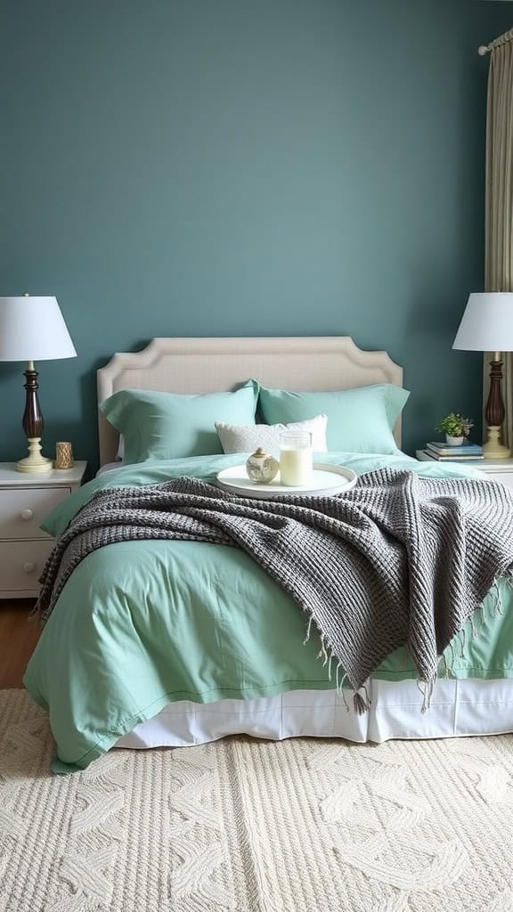 A serene coastal teen bedroom featuring teal walls and soft bedding.