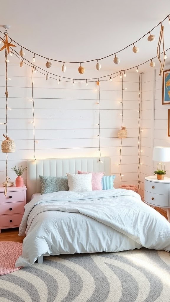 A cozy coastal teen bedroom featuring soft colors, string lights, and seashell decor.