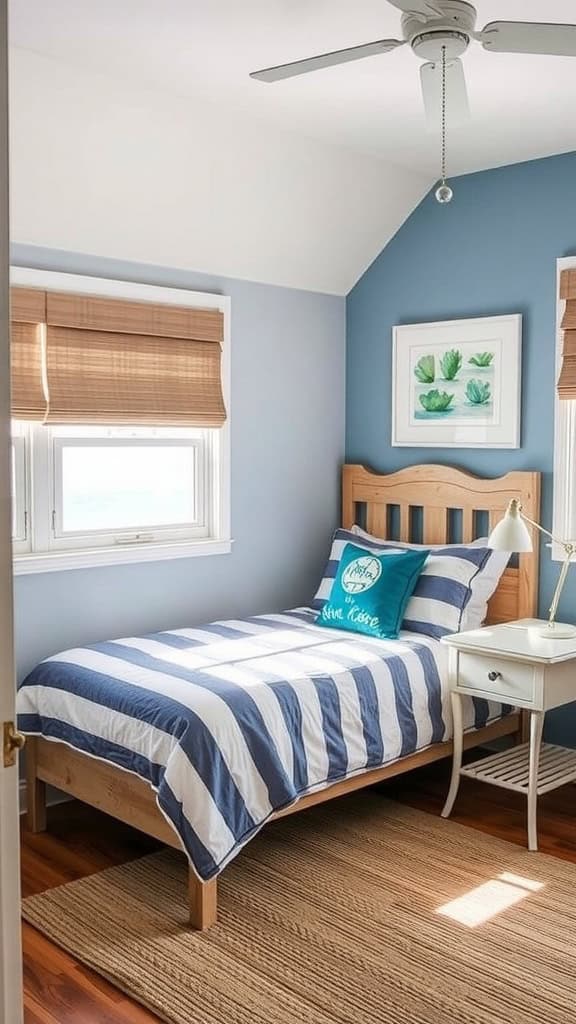 A coastal-themed teen bedroom featuring a bed with striped bedding, a desk with a chair, and natural decor elements.