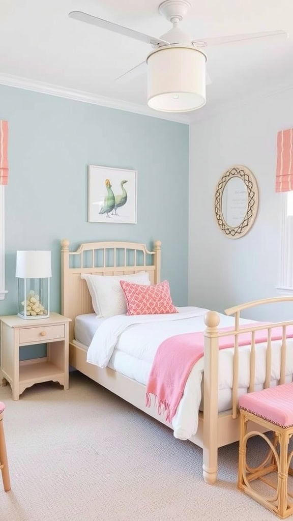 Coastal teen bedroom featuring a white bed with coral accents, a nightstand, and beach-themed decor.