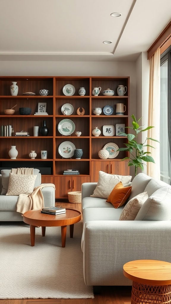 A warm and cozy Japandi living room featuring soft sofas, wooden furniture, and decorative items on shelves.
