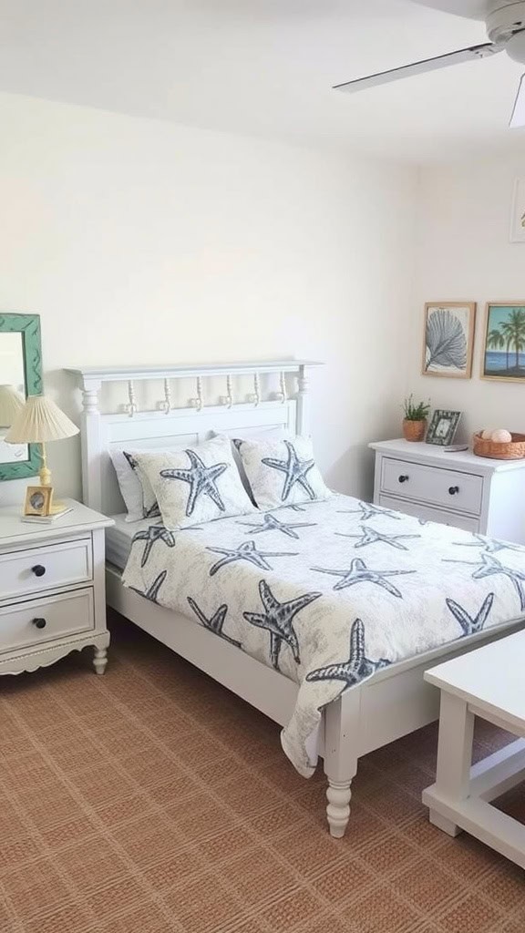 Coastal-themed bedroom with starfish bedding and light furniture