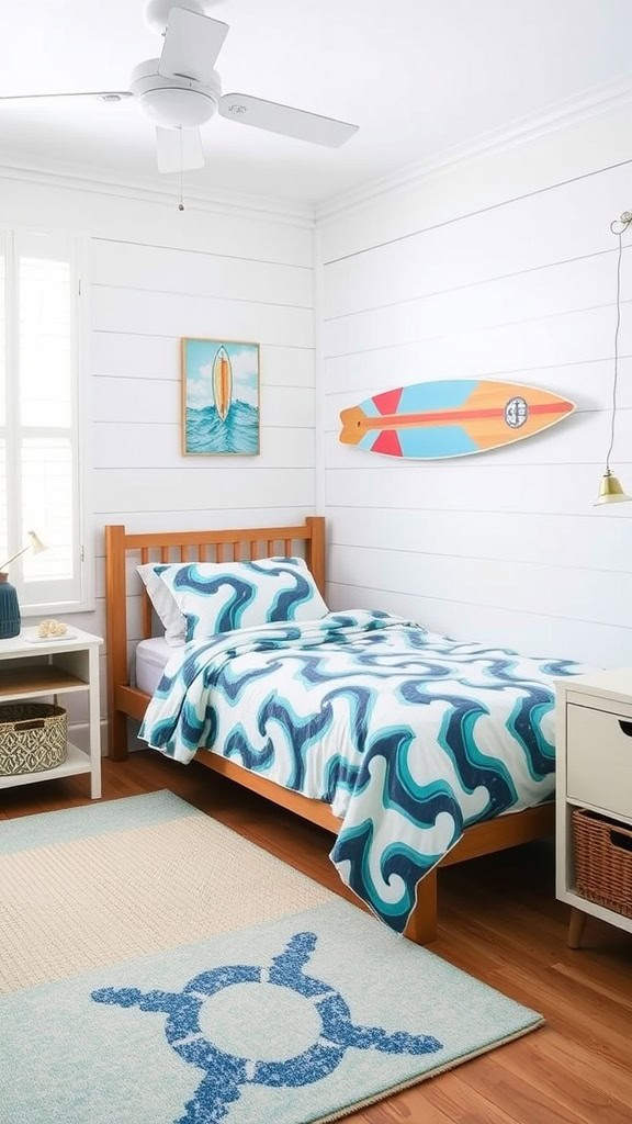 A cozy teen bedroom with wave-patterned bedding, a surfboard on the wall, and a relaxing coastal theme.