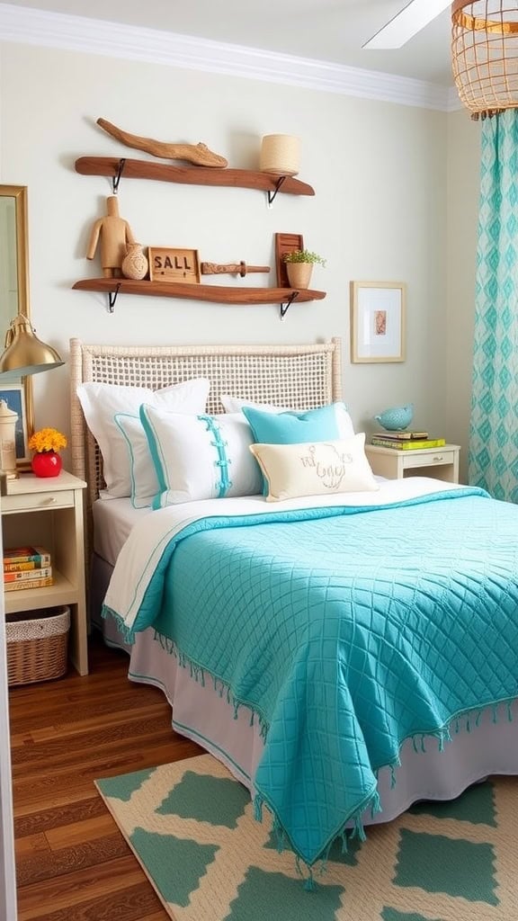 A cozy coastal-themed teen bedroom featuring turquoise decor and natural elements.