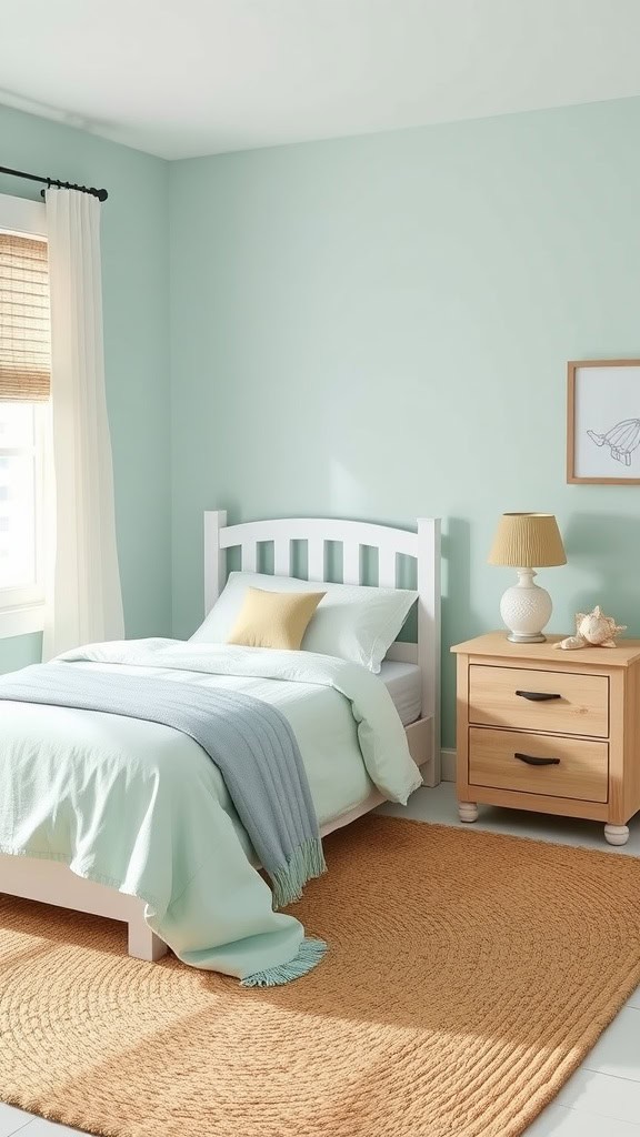 Coastal themed teen bedroom with light blue walls, a bed with soft bedding, and natural wood furniture.