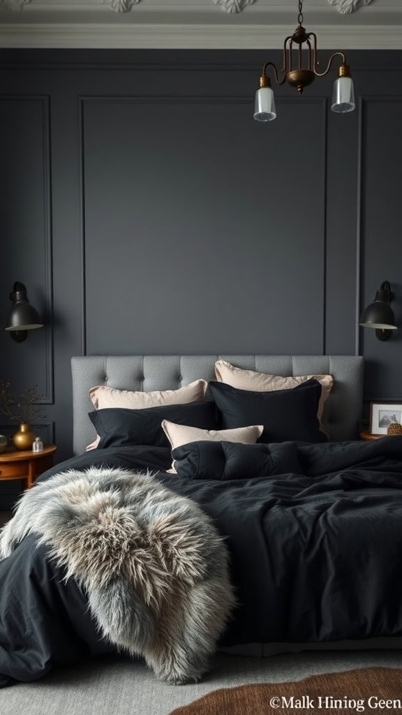 A dark feminine bedroom featuring a grey upholstered bed with black bedding and a furry throw, complemented by elegant lighting.
