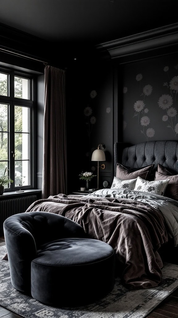 A dark feminine bedroom featuring black walls and floral decorations.