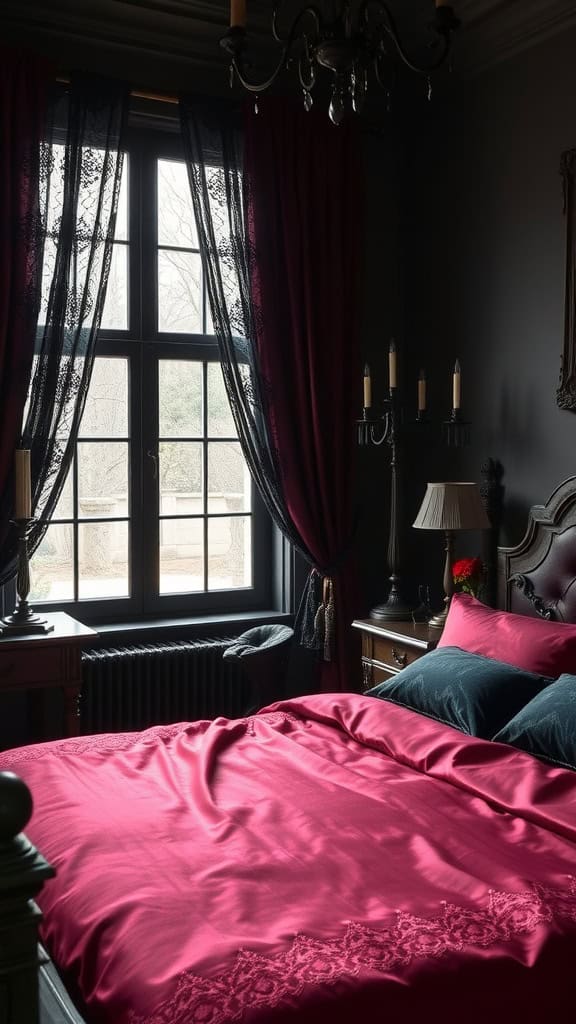 A dark-themed bedroom featuring deep red bedding, elegant curtains, and soft candlelight