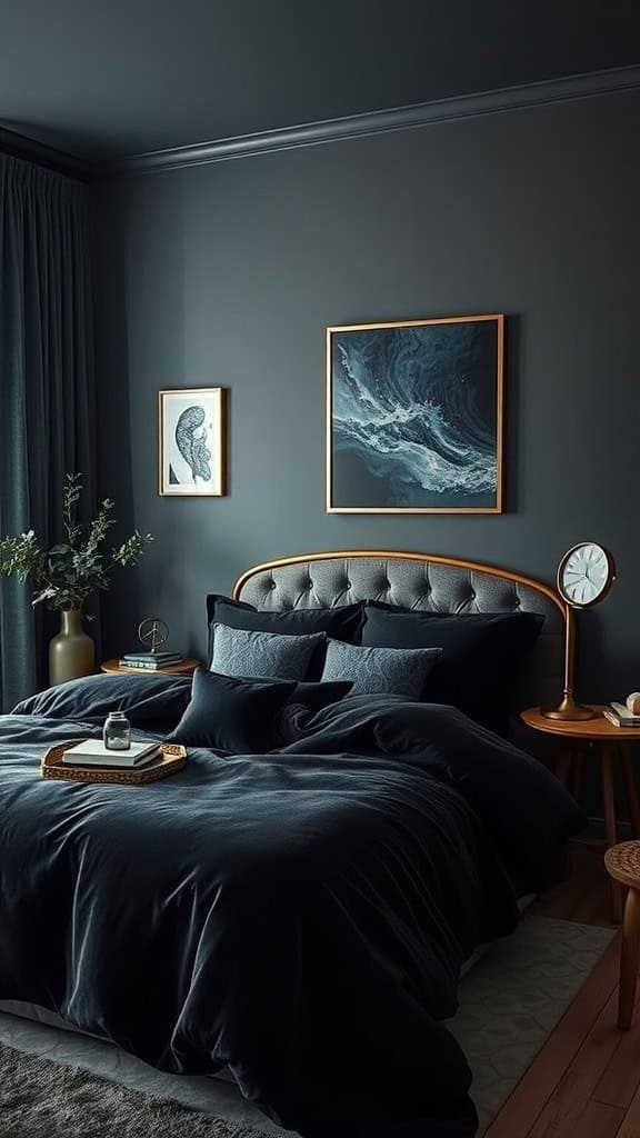 A dark-themed bedroom featuring navy bedding, ocean art, and stylish decor.