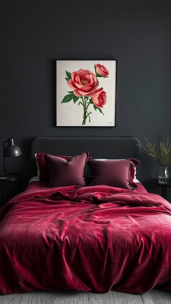 A cozy dark feminine bedroom featuring burgundy bedding, dark walls, and floral artwork.