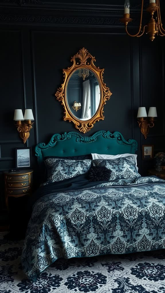 A beautifully designed dark feminine bedroom with turquoise accents and elegant decor.