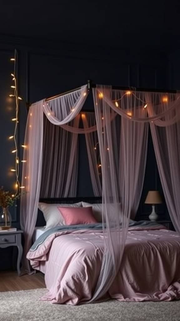 A dark feminine bedroom featuring a pink bed with draped fabrics and fairy lights.