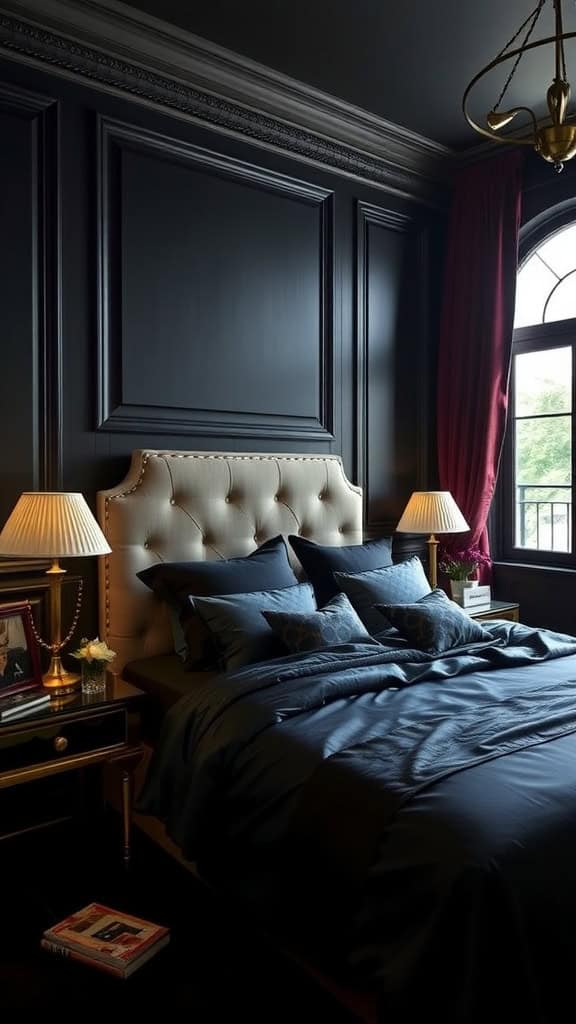 A dark feminine bedroom with navy bedding, gold accents, and elegant decor.