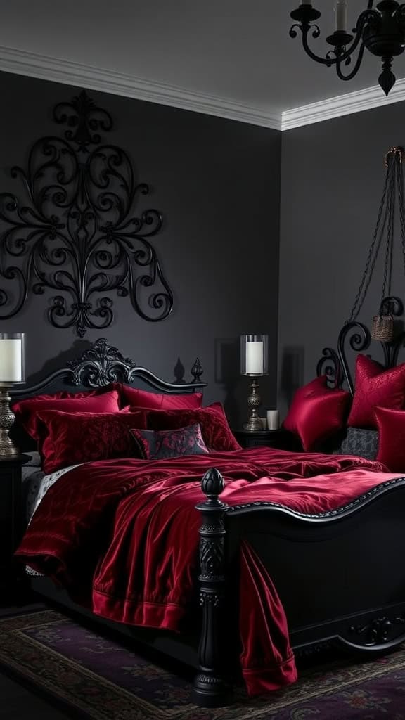 A dark feminine bedroom showcasing gothic romance with a black bed and red accents.