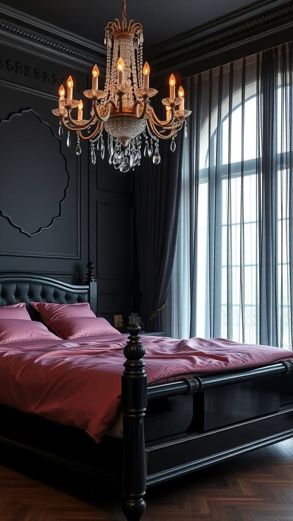 A dark feminine bedroom featuring deep pink bedding and black accents.