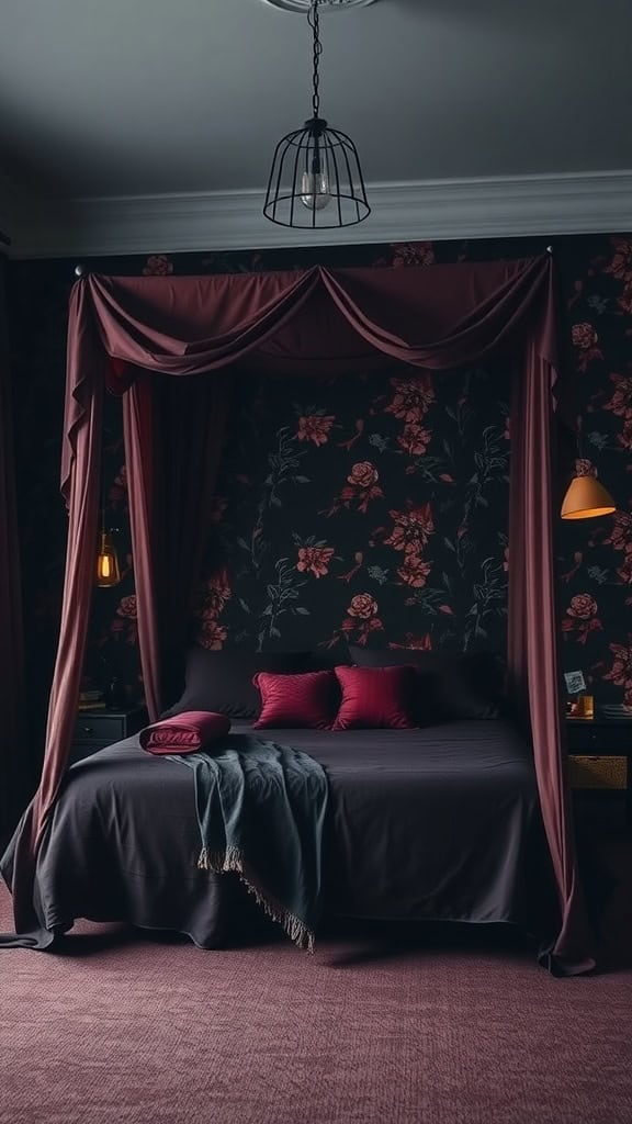 Dark feminine bedroom with floral wallpaper and burgundy accents