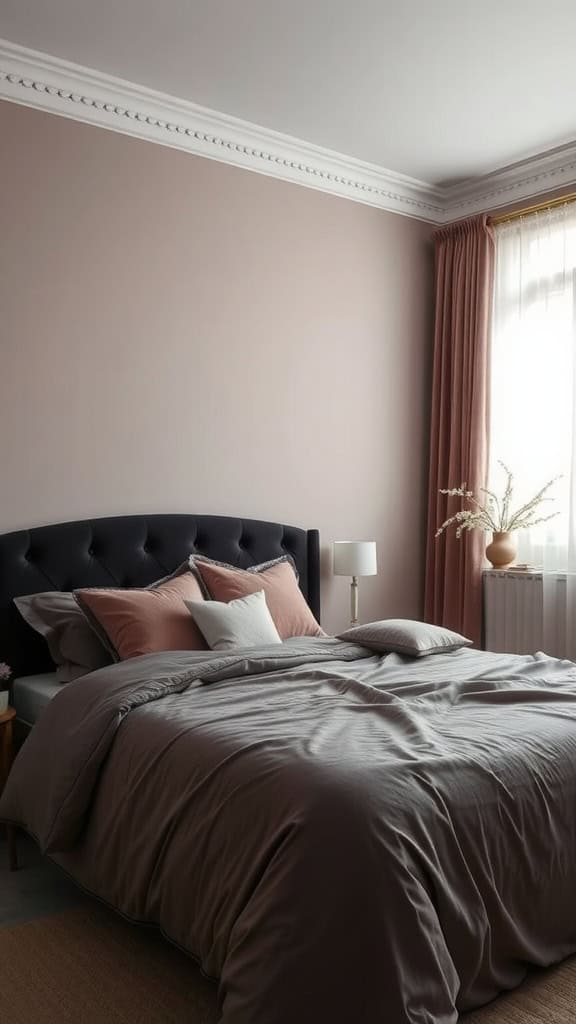 A cozy bedroom featuring a black tufted headboard, muted grey bedding, and soft pink accents.