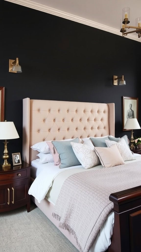 A dark feminine bedroom with mocha walls and blush accents, featuring a tufted headboard and elegant decor.