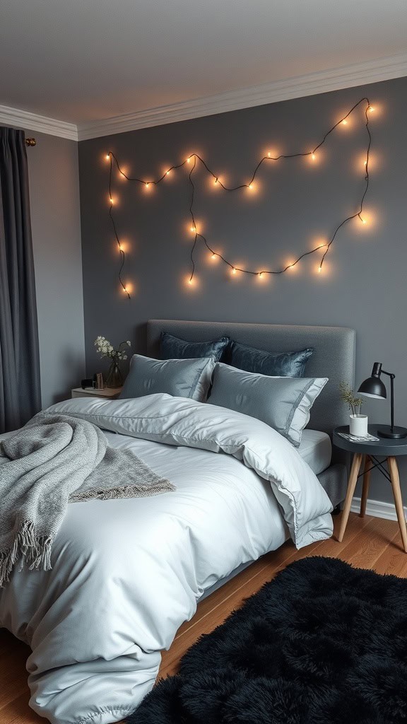A cozy dark feminine bedroom with soft blue bedding and fairy lights.