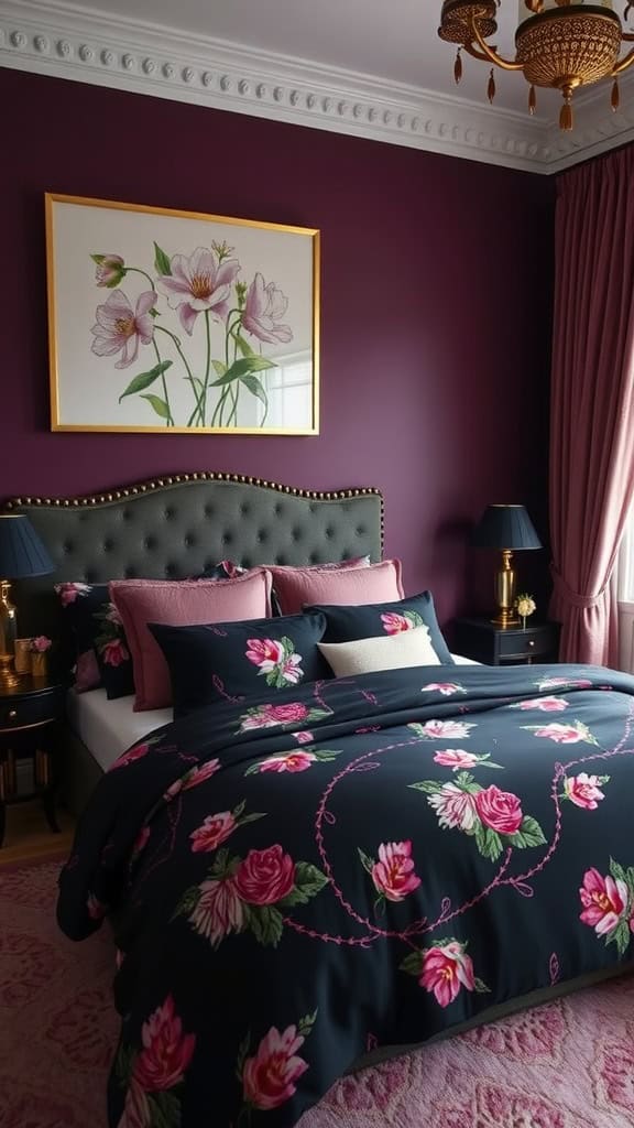 A dark feminine bedroom featuring deep floral bedding, rich purple walls, and elegant decor.