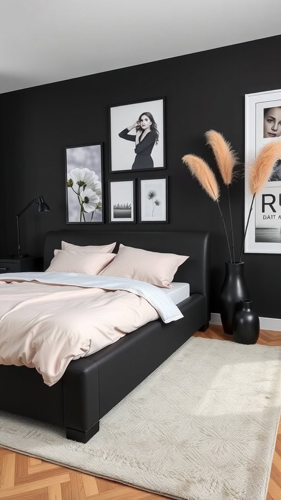 A stylish dark feminine bedroom featuring black walls, soft pink bedding, and elegant decor.