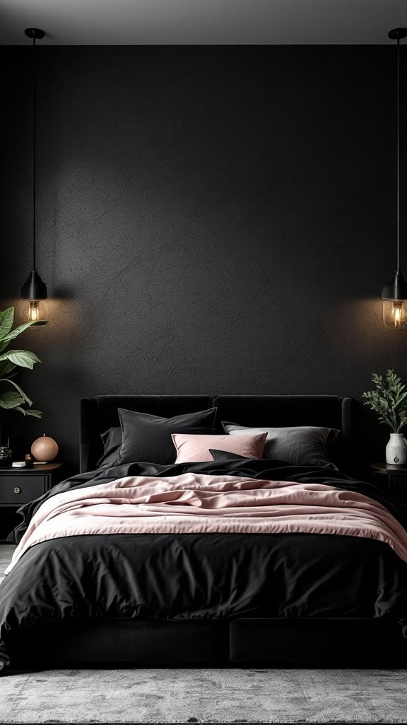 A dark feminine bedroom featuring black bedding with pink accents, a round mirror, and a stylish lamp.