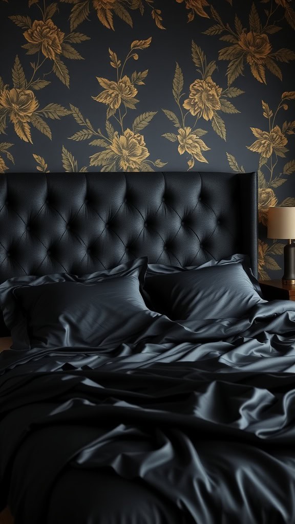 A dark feminine bedroom featuring black bedding and gold floral wallpaper.