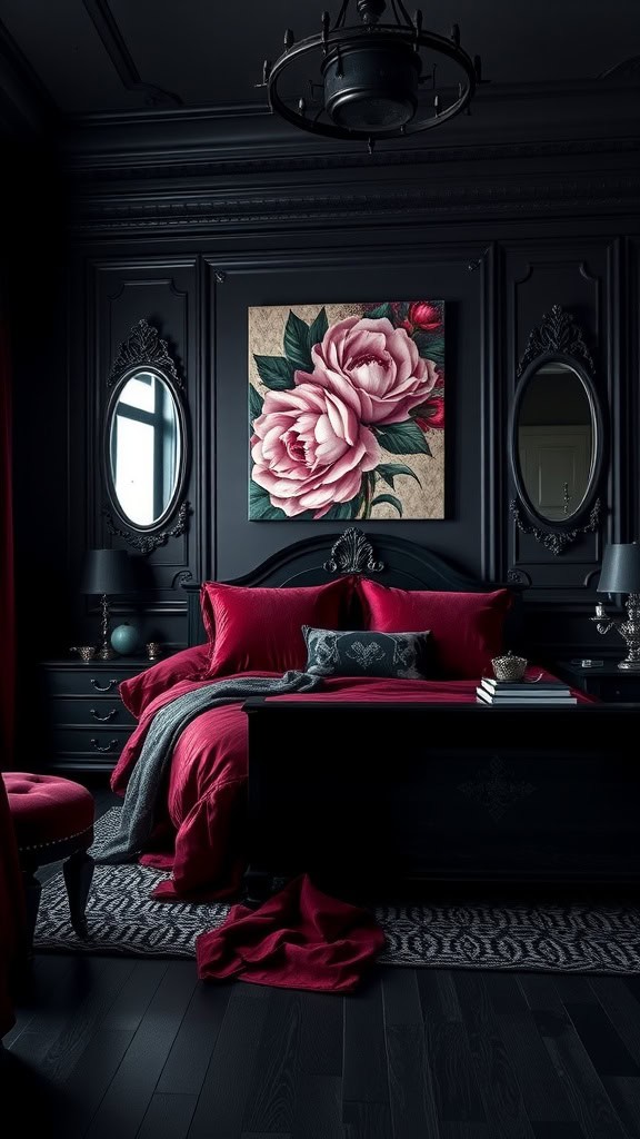 A dark feminine bedroom with red bedding, dark walls, and elegant mirrors.