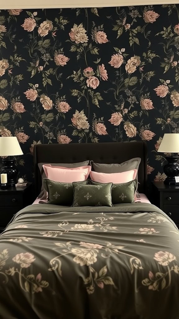 A dark feminine bedroom featuring floral wallpaper and elegant bedding