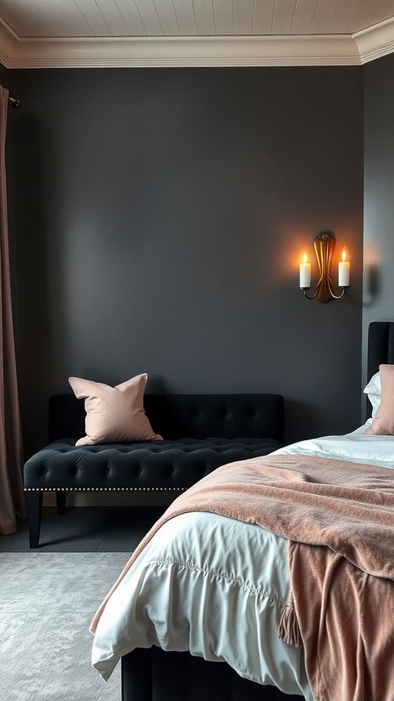 A dark feminine bedroom featuring a plush bed, cozy throw, and elegant wall sconces.