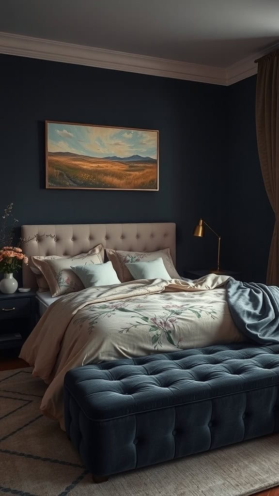 A dark feminine bedroom featuring a plush bed with floral bedding, warm lighting, and a cozy atmosphere.