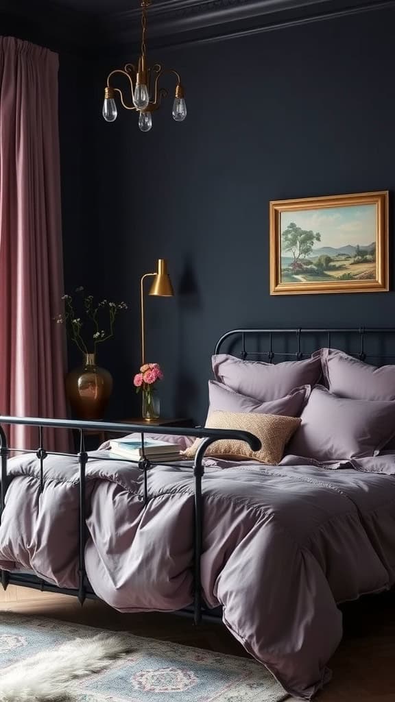 A cozy dark feminine bedroom featuring deep walls, soft pink bedding, and elegant accents.