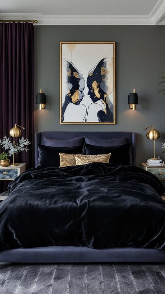 A dark feminine bedroom featuring a plush bed with a thick blanket, dark gray walls, and purple curtains.