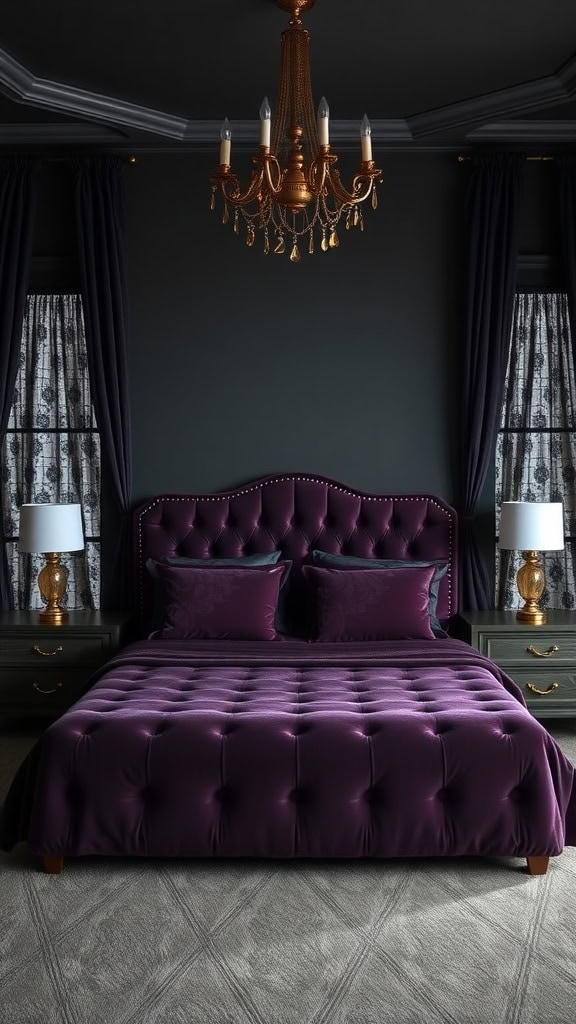 Luxurious dark feminine bedroom with velvet bedding and elegant chandelier.