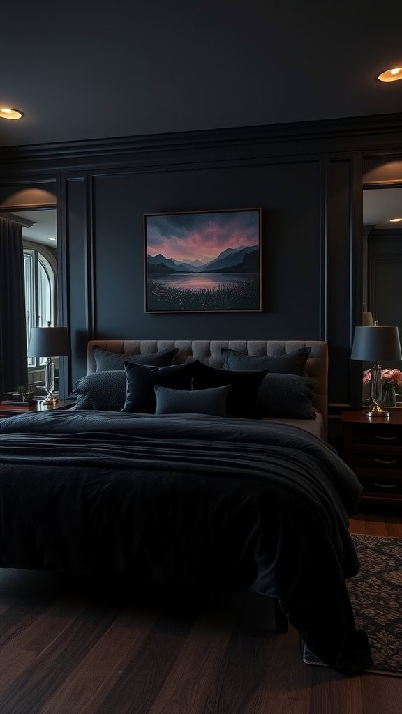 A dark feminine bedroom featuring velvet textures and rich colors.